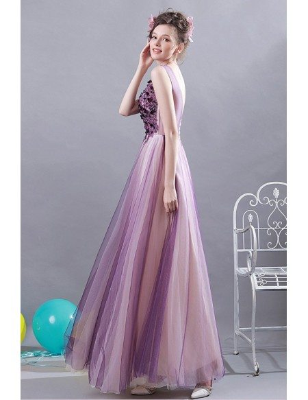 Ombre Purple Tulle A Line Long Prom Dress With Appliques