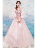 Dreamy Butterfly Sleeve Pink Prom Dress Ball Gown With Flowers