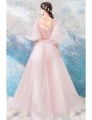 Dreamy Butterfly Sleeve Pink Prom Dress Ball Gown With Flowers