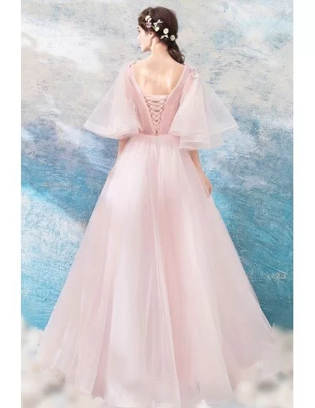 Dreamy Butterfly Sleeve Pink Prom Dress Ball Gown With Flowers ...