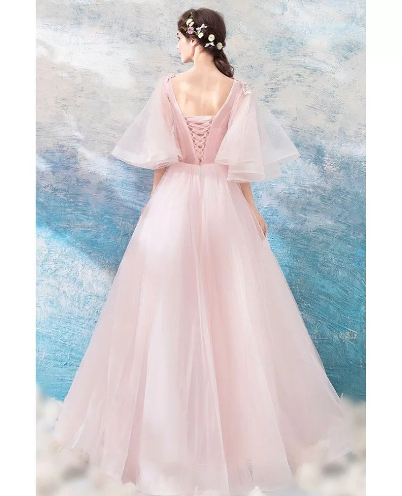 Dreamy Butterfly Sleeve Pink Prom Dress Ball Gown With Flowers