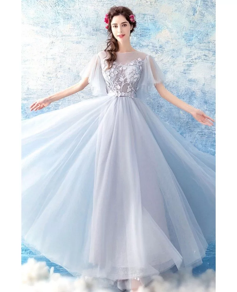 Flowy Grey Long Tulle A Line Prom Dress With Butterfly Sleeves ...