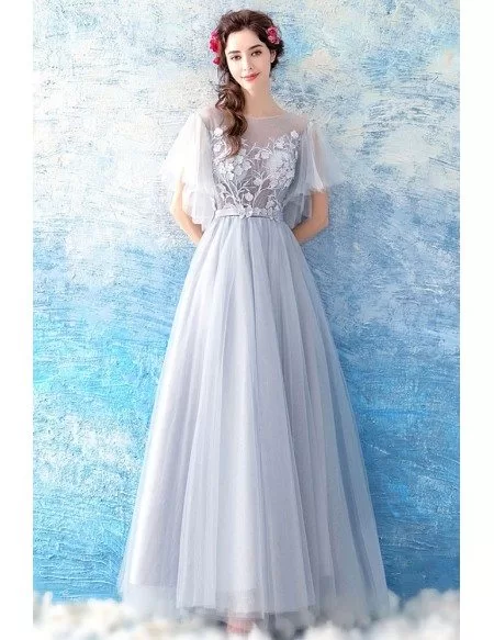 Flowy Grey Long Tulle A Line Prom Dress 