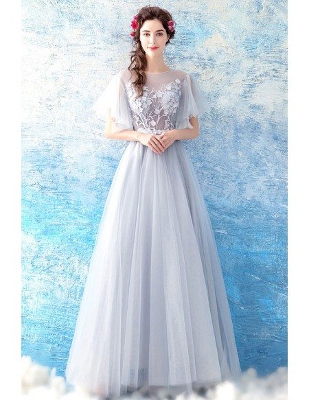 Flowy Grey Long Tulle A Line Prom Dress With Butterfly Sleeves