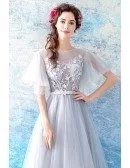 Flowy Grey Long Tulle A Line Prom Dress With Butterfly Sleeves
