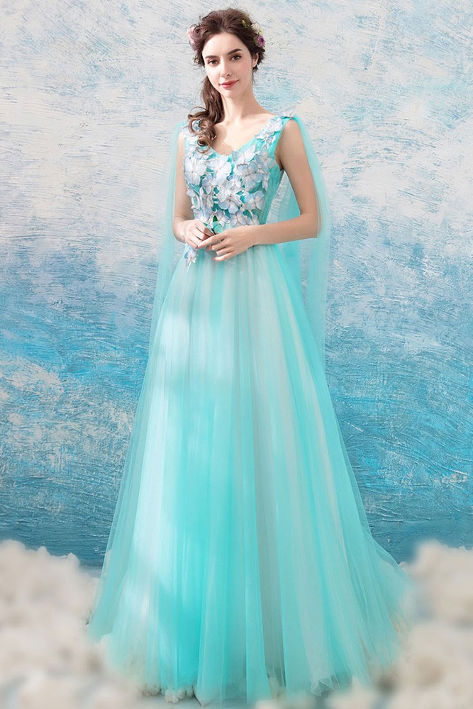 Gorgeous Aqua Blue Long Tulle Prom Dress A Line With Cape Wholesale # ...