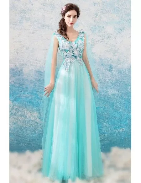 Gorgeous Aqua Blue Long Tulle Prom Dress A Line With Cape