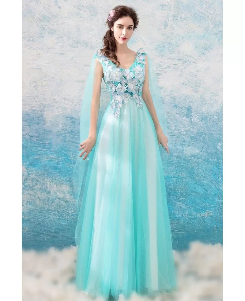 Gorgeous Aqua Blue Long Tulle Prom Dress A Line With Cape Wholesale # ...