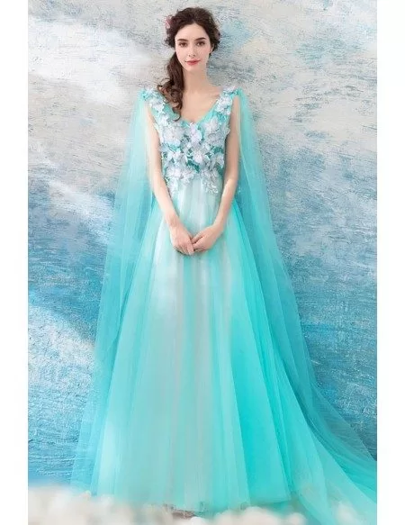 Gorgeous Aqua Blue Long Tulle Prom Dress A Line With Cape