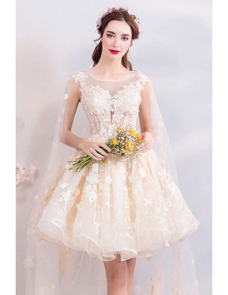 Dreamy Champagne Floral Tulle Tutus Party Dress With Cape Train