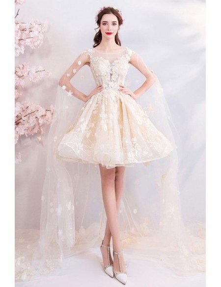 Dreamy Champagne Floral Tulle Tutus Party Dress With Cape Train