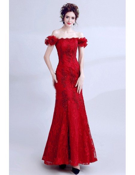 Pretty Long Red Lace Mermaid Prom Dress Tight With Off Shoulder