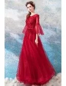 Burgundy Long Red Formal Party Dress A Line With Bell Sleeves