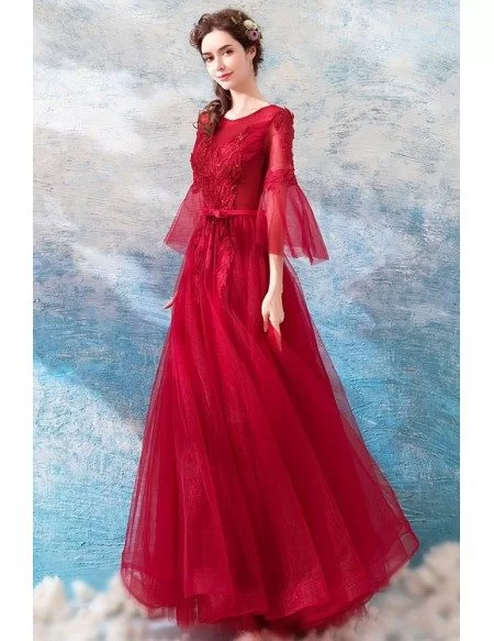 Burgundy Long Red Formal Party Dress A Line With Bell Sleeves Wholesale ...