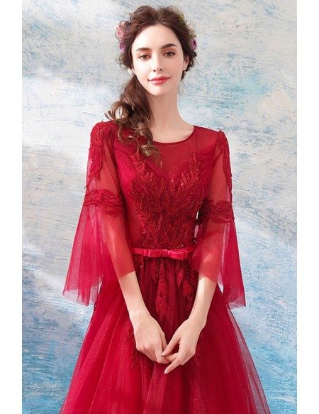 Burgundy Long Red Formal Party Dress A Line With Bell Sleeves