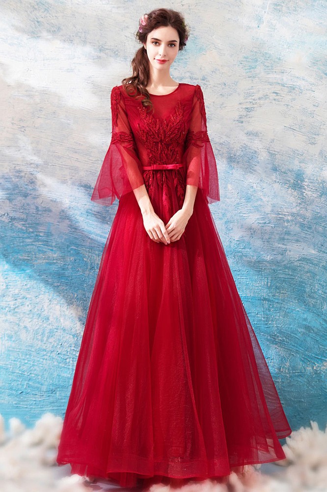 Burgundy Long Red Formal Party Dress A Line With Bell Sleeves Wholesale ...