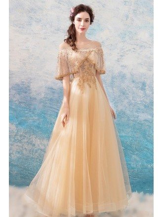 Luxury Champagne Gold A Line Tulle Formal Dress With Beaded Sleeves