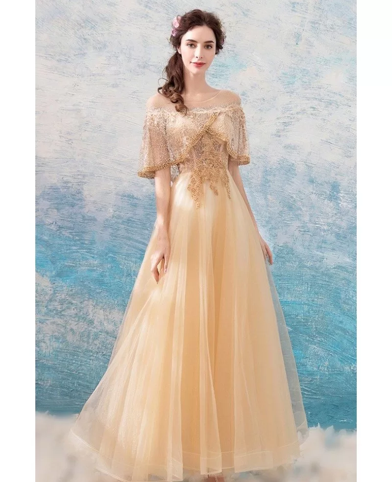 Luxury Champagne Gold A Line Tulle Formal Dress With Beaded Sleeves ...
