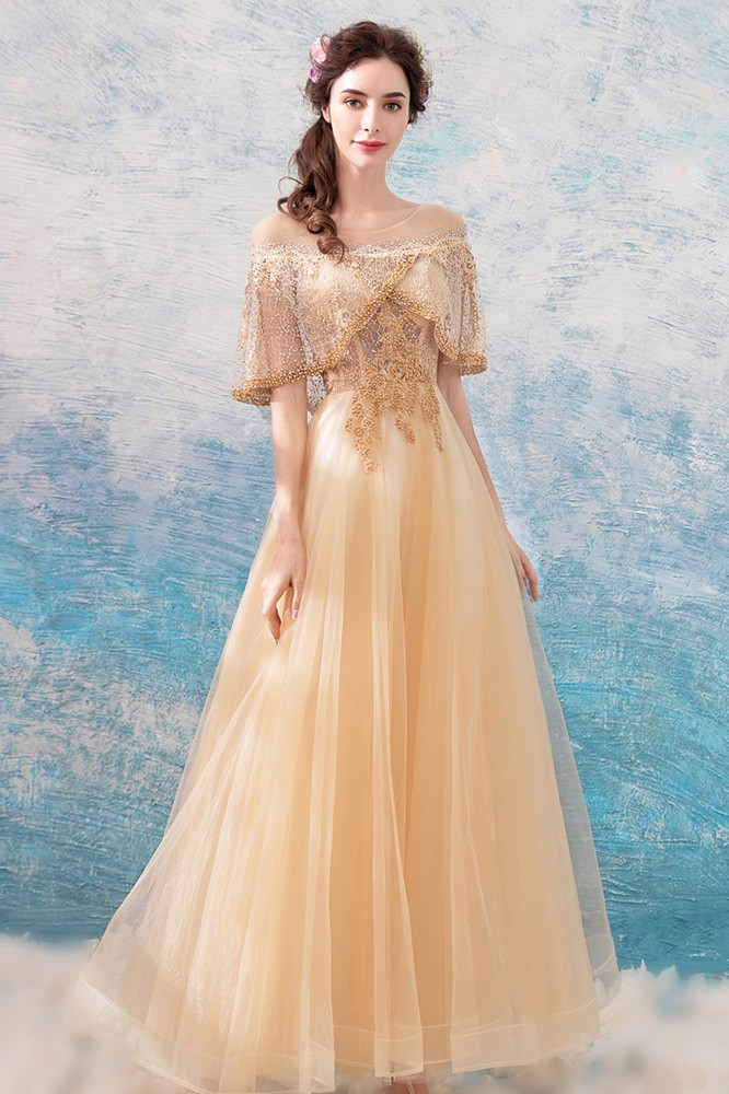 Luxury Champagne Gold A Line Tulle Formal Dress With Beaded Sleeves  Wholesale #T69223 - GemGrace.com