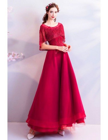 Burgundy Maxi Long Red Tulle Party Dress With Beaded Sleeves