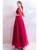 Burgundy Maxi Long Red Tulle Party Dress With Beaded Sleeves