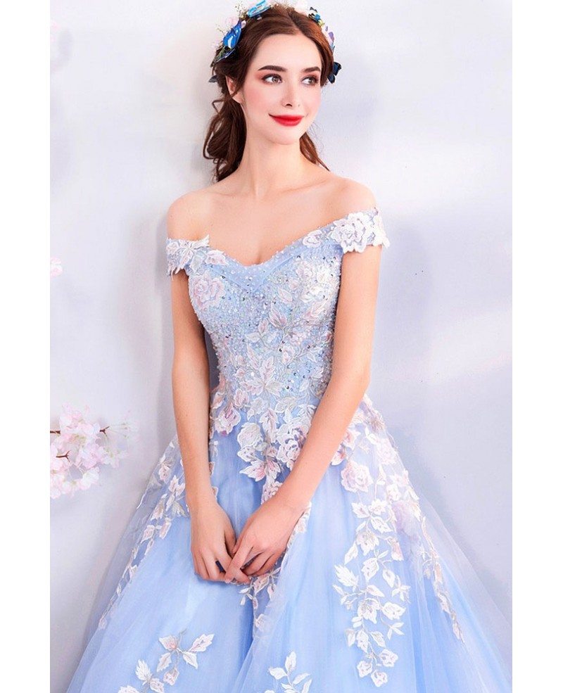 Fairy Light Blue Ball Gown Prom Dress Formal With Off Shoulder Flowers ...