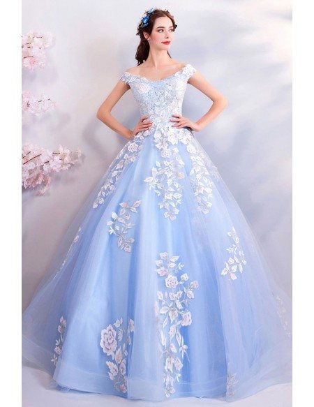 Fairy Light Blue Ball Gown Prom Dress Formal With Off Shoulder Flowers
