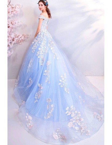 Fairy Light Blue Ball Gown Prom Dress Formal With Off Shoulder Flowers