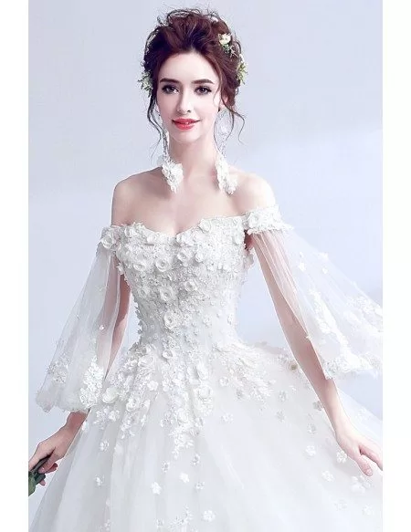 Dreamy White Off Shoulder Ball Gown Wedding Dress With Cape Sleeves
