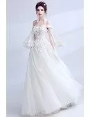 Dreamy White Off Shoulder Ball Gown Wedding Dress With Cape Sleeves