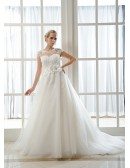 Ball-Gown Scoop Neck Chapel Train Tulle Wedding Dress With Beading Appliques Lace Flowers