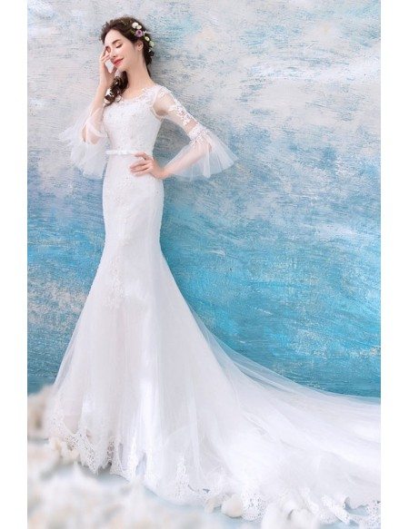 Fancy Mermaid Long Train Tight Wedding Dress With Bell Sleeves ...