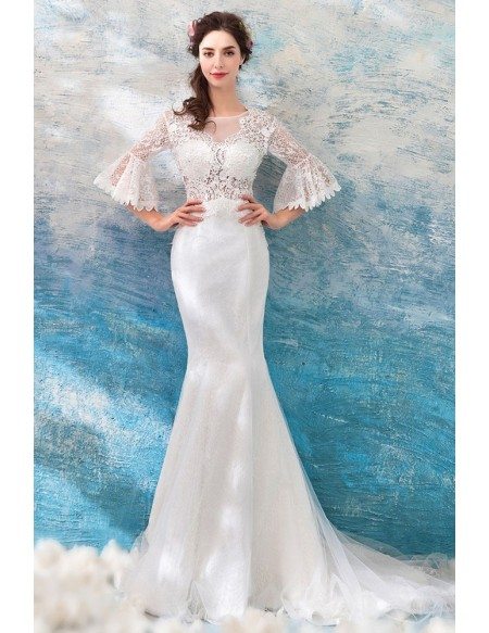 Slim Ivory Lace Fitted Mermaid Wedding Dress With Lace Sleeves