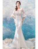 Slim Ivory Lace Fitted Mermaid Wedding Dress With Lace Sleeves