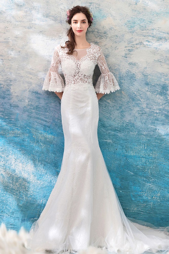 Slim Ivory Lace Fitted Mermaid Wedding Dress With Lace Sleeves 