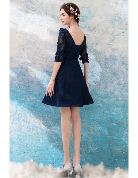 Modest Navy Blue Lace Short Prom Party Dress With Half Sleeves