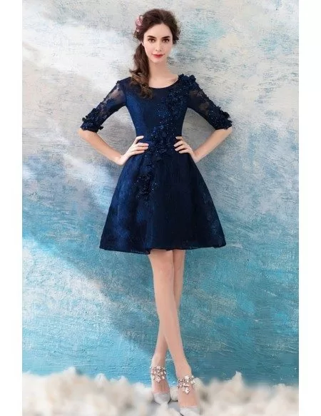 Modest Navy Blue Lace Short Prom Party Dress With Half Sleeves