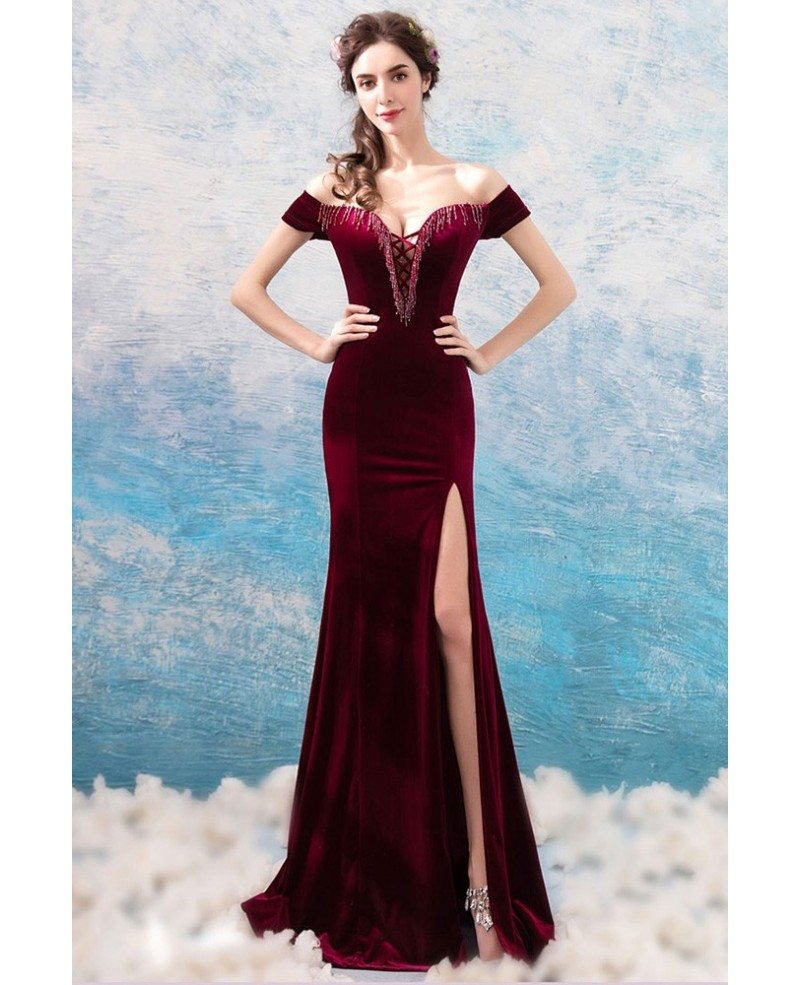 Sexy Burgundy Velvet Mermaid Tight Prom Dress With Slit Off Shoulder