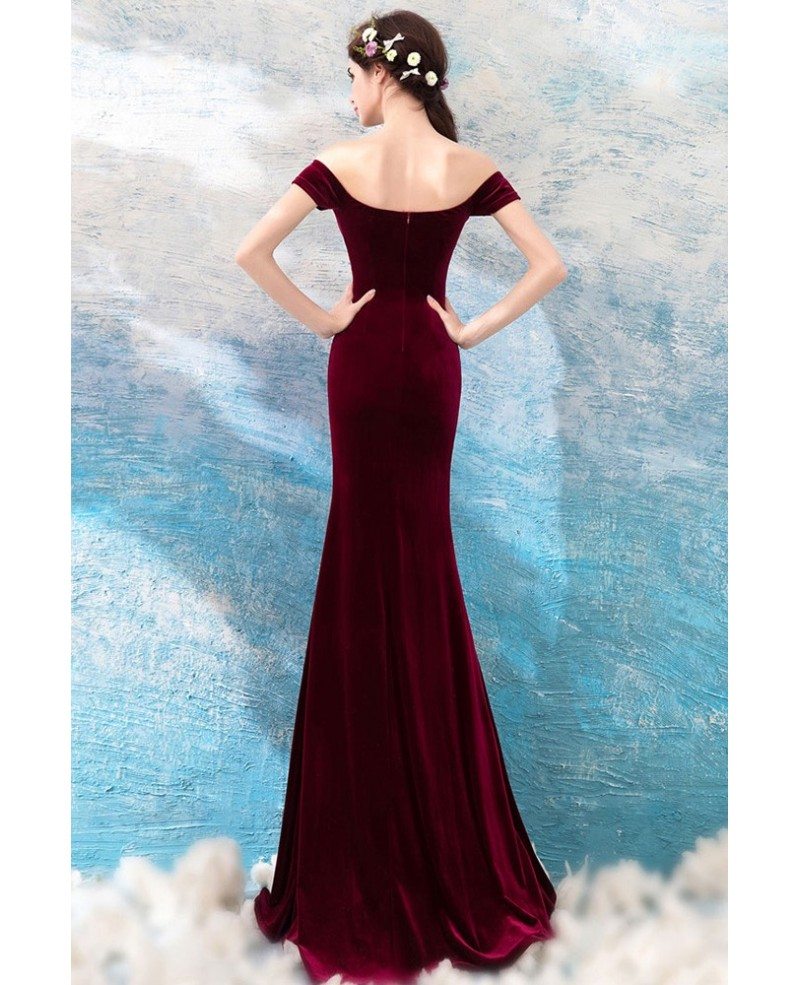 Sexy Burgundy Velvet Mermaid Tight Prom Dress With Slit Off Shoulder ...