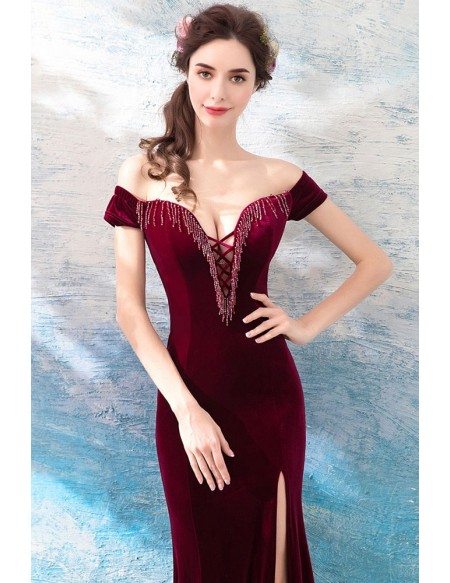 Sexy Burgundy Velvet Mermaid Tight Prom Dress With Slit Off Shoulder