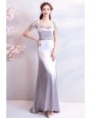 Classy Silver Satin Long Formal Evening Dress With Bling