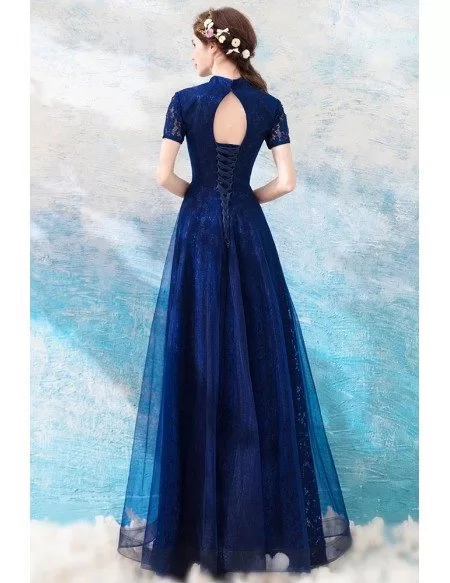 Elegant Navy Blue A Line Tulle Formal Party Dress With Short Sleeves