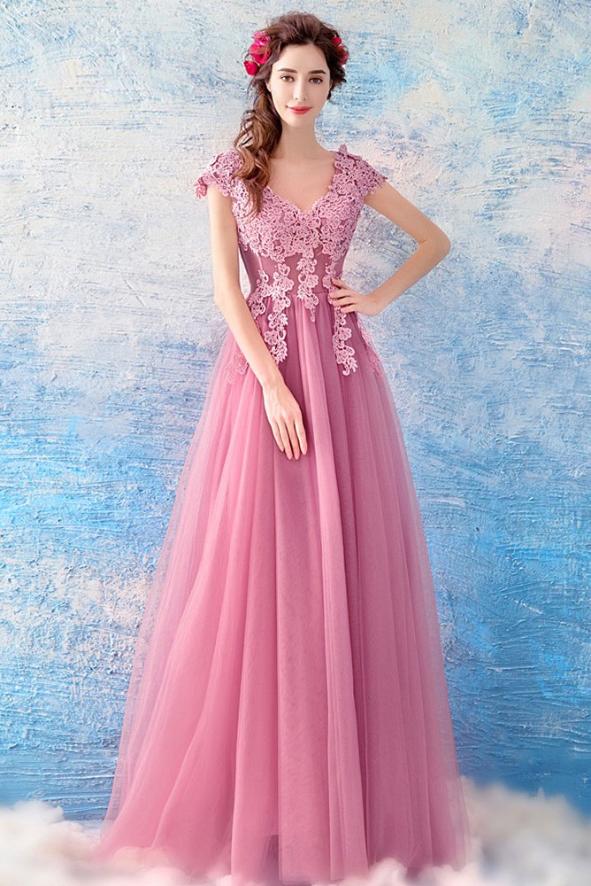 Flowy Pink Tulle Long Prom Dress With Appliques Lace Cap Sleeves ...