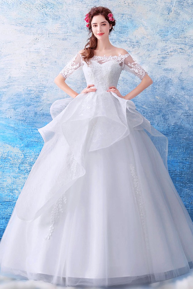 Gorgeous Off Shoulder Ruffled Wedding Dress Ball Gown With Sleeves ...