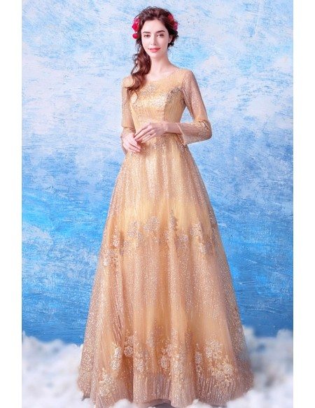 Sparkly Gold A Line Long Formal Dress With Long Sleeves