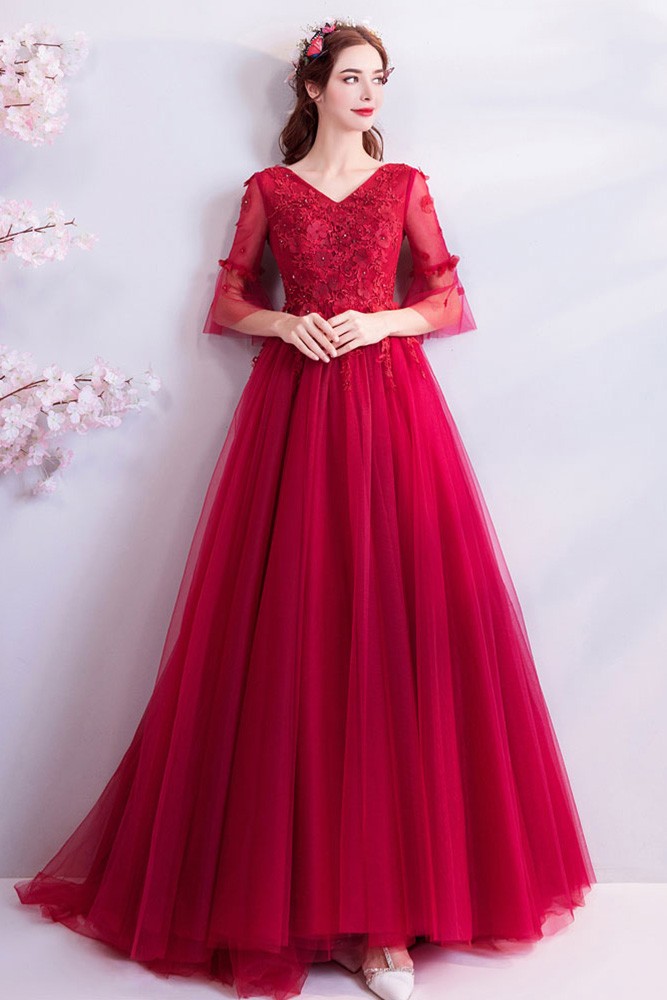 Elegant Burgundy Long Red Tulle Wedding Party Dress With Sleeves ...