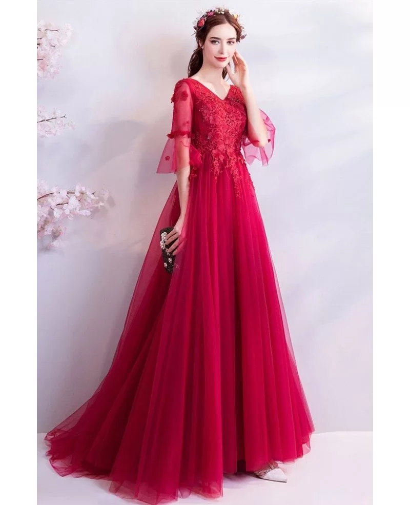 Elegant Burgundy Long Red Tulle Wedding Party Dress With Sleeves ...