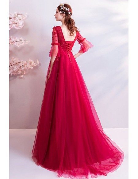 Elegant Burgundy Long Red Tulle Wedding Party Dress With Sleeves