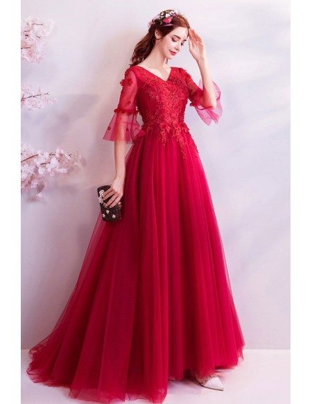 Elegant Burgundy Long Red Tulle Wedding Party Dress With Sleeves