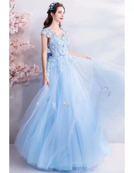 Fairy Blue Long Tulle Prom Dress A Line With Butterflies Cap Sleeves ...
